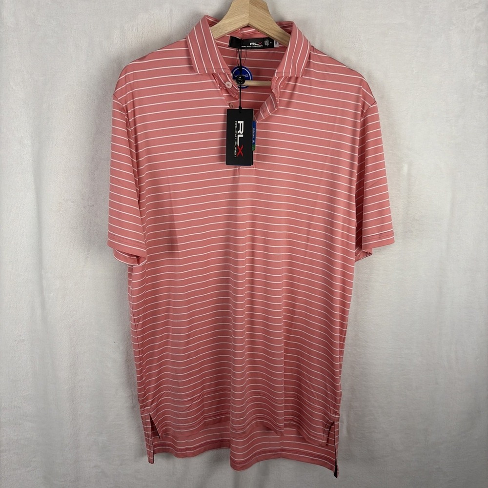 RLX Ralph Lauren Golf Wicking Polo Shirt Pink White Striped Mens Medium NWT $110